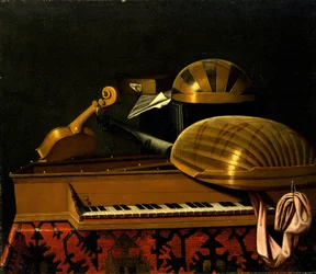 Stillleben mit Musikinstrumenten und Büchern, Mitte des 17. Jahrhunderts