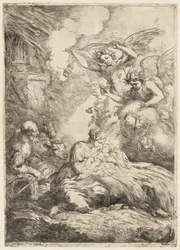 Die Heilige Familie von Engeln angebetet (Die große Geburt Christi, ca. 1655)
