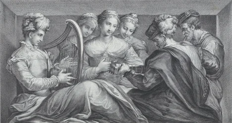 Eine Gruppe elegant gekleideter Menschen spielt Harfe und Gitarre