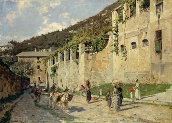 Landstraße mit Menschen und Eseln