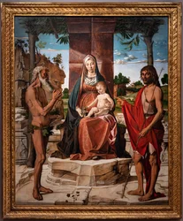 Madonna mit Jesuskind unter einer Pergola zwischen den Heiligen Johannes dem Täufer und Onuphrius, 1485-86