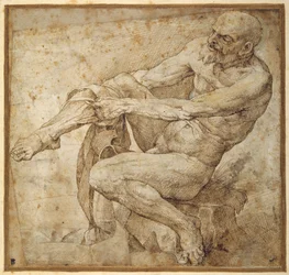 Nackter Mann, der seine Strümpfe anzieht, nach Marcantonio Raimondi und Michelangelo Buonarroti
