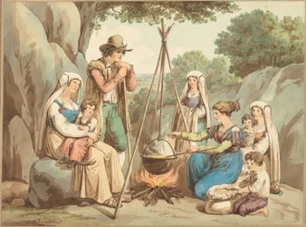 Eine Bauernfamilie beim Kochen über einem Lagerfeuer
