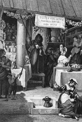 Befana (italienische Weihnachtshexe), Stand mit Süßigkeiten und Nougat auf der Piazza Navona während der Epiphanie, Rom, Gravur von Bartolomeo Pinelli