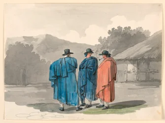 Zeichnung, Eine Gruppe von drei Bauern in einem Dorf, 1807–08
