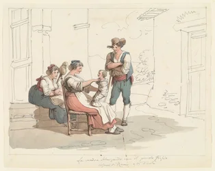 Familienszene mit einer Mutter und einem Kind, Illustration für „Römische Trachten und Bräuche“