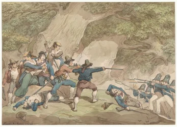 Gendarmen des Königreichs Neapel im Kampf gegen die Kalabresen, Illustration für „Römische Trachten und Bräuche“