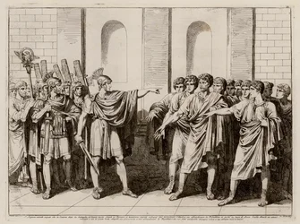 Scipio Africanus zwingt die Führer Roms, die Republik nach der Schlacht von Cannae, 216 v. Chr., nicht aufzugeben (Radierung)