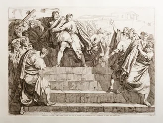 Tarquinius Superbus stößt Servius Tullius die Treppe des Kapitols hinunter