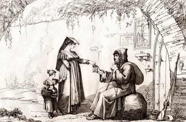 Frau aus Frascati und ein Einsiedler, Radierung von Bartolomeo Pinelli (Rom)