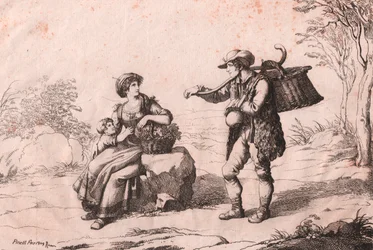 Frau aus Pietra Terrazzana in traditioneller Tracht, Abruzzen, und Gioncataro (Käseverkäufer), Radierung von Bartolomeo Pinelli (Rom)