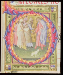 Ms 518 f.1r Historisierte Initiale O, die Tobias und den Engel darstellt