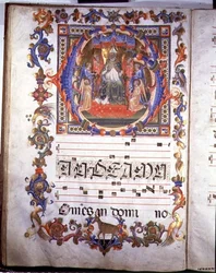 Ms. 557, fol. 35v, Seite mit einer Buchmalerei, die Aegidius (hl. Ägidius) (gest. um 700) thronend und von Engeln umgeben darstellt, aus dem „Messale di Sant