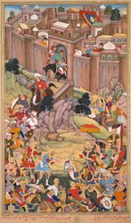 Die Belagerung von Arbela in der Ära von Hulagu Khan, Seite aus einem Chingiz-nama (Buch von Chingiz Khan) des Jami al-tavarikh (Chronikensammlung) von Rashid al-Din (Persisch, 1247–1318)