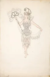Kostümentwurf für Dame mit Fächer, 1890-99