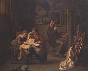 Der Künstler mit seinen Kindern in seinem Atelier