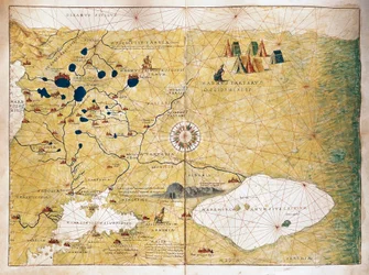Moschoviae Tabula, Karte von Russland und europäischen Städten entlang des Flusses Wolga