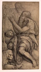 Der heilige Hieronymus kniet mit einem Schädel und einem Löwen vor einem Kruzifix