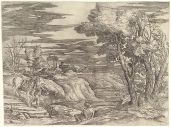 Landschaft mit einem Reiter und seinem Stallburschen, ca. 1552-61