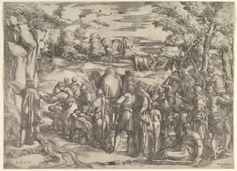 Moses schlägt Wasser aus dem Felsen, links mit fließendem Wasser, verschiedene Figuren, ca. 1552-61