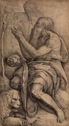Heiliger Hieronymus kniend vor einem Kruzifix, mit einem Schädel und einem Löwen, ca. 1550-60