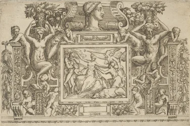 Frau sitzt mit ausgestreckten Armen, Personifikation des Ruhms mit Trompete rechts..., ca. 1540-80