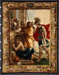 Diogenes und Alexander: Begegnung zwischen dem griechischen Philosophen Diogenes von Sinope (413-327 v. Chr.) in seinem Fass und König Alexander dem Großen (356-323 v. Chr.) in Korinth. Als der Eroberer ihn fragte, was er wolle, antwortete Diogenes: "Geh m