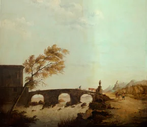 Zweiter Hinterraum, Besprechungsraum, Wandmalereien mit ländlichen Szenen im klassischen Stil, wahrscheinlich um 1810, Szene 1