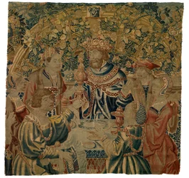 Wandteppich, Bankett mit König in einer Arkade, möglicherweise hergestellt in Brüssel, Belgien