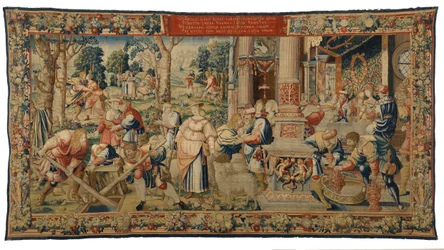 Wandteppich, Geschichte von Laban, Jakob und Rahel, Genesis XXIX, hergestellt in Brüssel, Belgien, um 1530