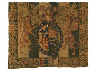 Wandteppich mit den königlichen Wappen von Edward VI und den Wappen von le Grys, wahrscheinlich in Enghien, Flandern, Belgien, ca. 1547-53