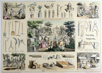 Bildungsgemäße Darstellung des Gartenbaus, mit Illustrationen von Gartengeräten und Szenen, die die geeigneten Aktivitäten für jede Jahreszeit zeigen