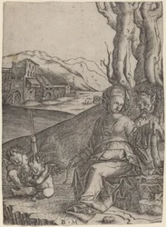 Frau und Satyr mit zwei Cupidos