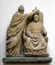 Kardinal Latino di Carlo Orsini (1410-1477) krönt Ferdinand II. von Aragon (1452-1516). Marmorskulptur von Benedetto da Maiano (1442-1497). Florenz, Museo Nazionale del Bargello