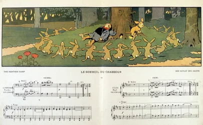 Der Schlaf des Jägers (Kaninchen um einen schlafenden Jäger) - in „Les images en musique“ von Jane Vieu, illustriert von Benjamin Rabier