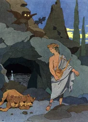 Orpheus und seine Leier versetzen den dreiköpfigen Hund Cerberus in Schlaf