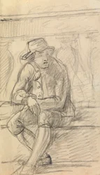 Figurenstudie eines jungen Mannes mit Hut, draußen sitzend