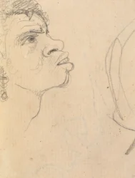 Studie des Gesichts einer ethnischen Frau im Profil, mit Ohrringen