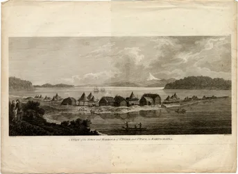 Ansicht der Stadt und des Hafens von Petropawlowsk-Kamtschatski aus der Reise zum Pazifischen Ozean