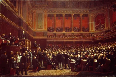 Louis Adolphe Thiers (1797-1877) als Befreier des Territoriums proklamiert bei der Sitzung der Nationalversammlung in Versailles am 16. Juni