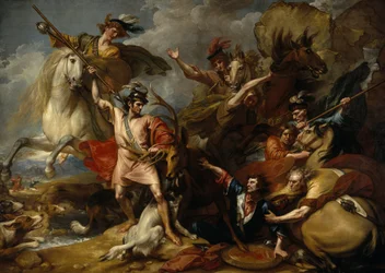 Alexander III. von Schottland wird durch die Unerschrockenheit Colin Fitzgeralds vor der Wut eines Hirsches gerettet („Der Tod des Hirsches“)