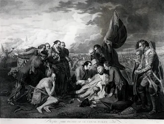 Der Tod von General Wolfe (1727-59) 1759, gestochen von Augustin Legrand (Stich)