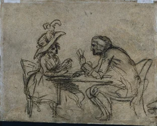 Frau und Mann beim Kartenspielen (verso)