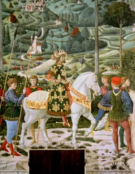 Johannes VII. Palaiologos (1391-1448), oströmischer Kaiser, als einer der Heiligen Drei Könige, Detail aus dem Zyklus der Reise der Magier in der Kapelle, ca. 1460