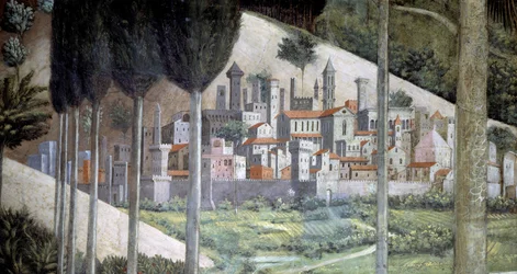 Mittelalterliche Stadt, Detail aus dem Zyklus der Reise der Heiligen Drei Könige in der Kapelle, um 1460