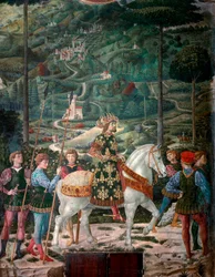 Der byzantinische Kaiser „Die Reise der Heiligen Drei Könige“. Prozession der Heiligen Drei Könige von Jerusalem nach Bethlehem, genannt auf Italienisch „Viaggio dei Magi“ oder „Cavalcata dei Magi“. Detail (Darstellung des byzantinischen Kaisers Johannes V
