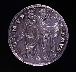 Rückseite einer Silbermünze mit SS Cosimo und Damien, geprägt 1532-1537