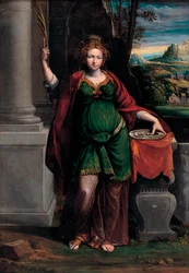 Heilige Lucia (von Syrakus) hält ein Tablett mit zwei Augen - Benvenuto Tisi da Garofalo, Öl auf Holz