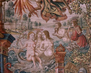 Flämischer Wandteppich. Serie Die Ehren. Ruhm. Dritter Wandteppich der Serie. Modell Zeichner aus dem Kreis von Bernard van Orley und Jan Gossaert. Herstellung Pieter van Aelst, Brüssel. Ca. 1550
