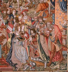 Flämischer Wandteppich. Serie Die Ehren. Adel. Vierter Wandteppich der Serie. Modell von Zeichnern aus dem Kreis von Bernard van Orley und Jan Gossaert (Mabuse). Herstellung Pieter van Aelst, Brüssel. Ca. 1550. Stoff Gold, Silber, Seide und Wolle.
